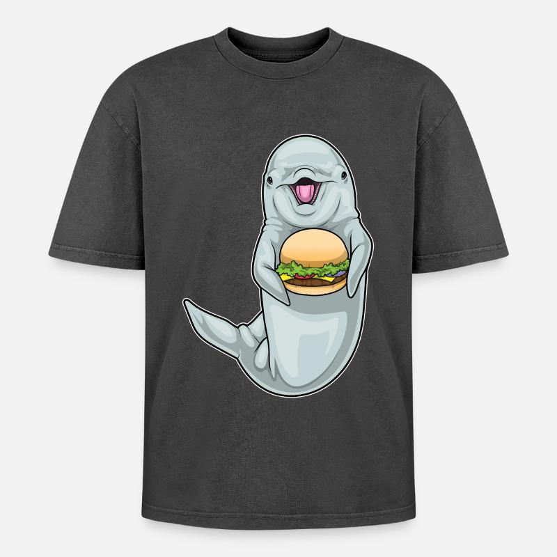 Delfin Cheeseburger - Oversized Unisex Premium Acid-Washed T-Shirt - Schwarz Acid Wash