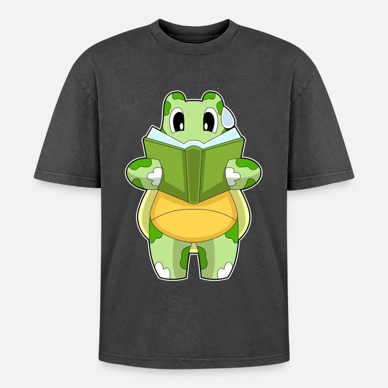Turtle Book - Oversized Unisex Premium Acid-Washed T-Shirt - acid washed black