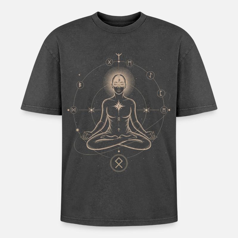 Runic Astral Alignment | Meditative Art Print - Oversized Unisex Premium Acid-Washed T-Shirt - acid washed black