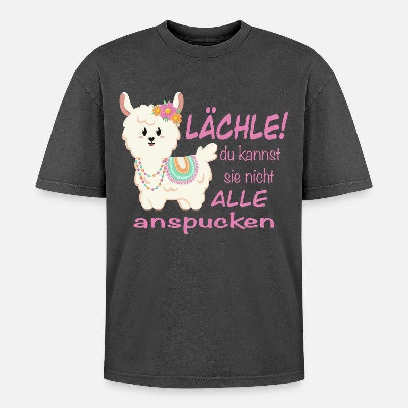 Lama Lächle! lustiger Spruch - Oversized Unisex Premium Acid-Washed T-Shirt - Schwarz Acid Wash