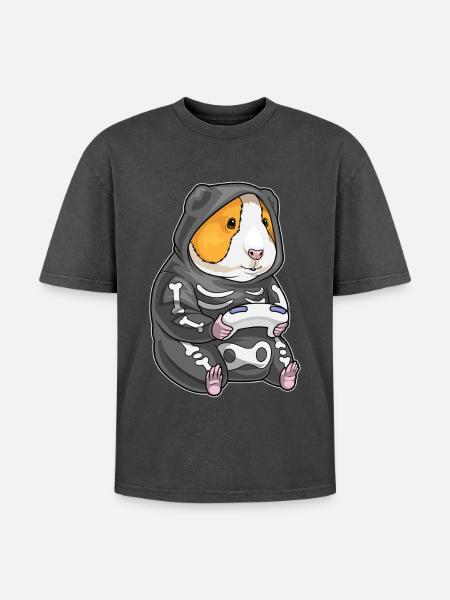 Cochon d’Inde Halloween Gamer - T-shirt Premium unisexe oversize acid-washed - noir délavé acide