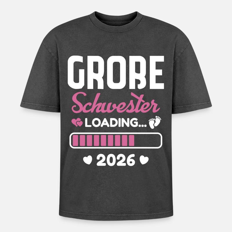 Große Schwester 2026 Loading - Oversized Unisex Premium Acid-Washed T-Shirt - Schwarz Acid Wash