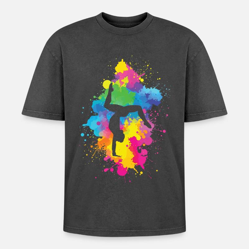 Akrobatiek mit Farbexplosion - Oversized Unisex Premium Acid-Washed T-Shirt - Schwarz Acid Wash