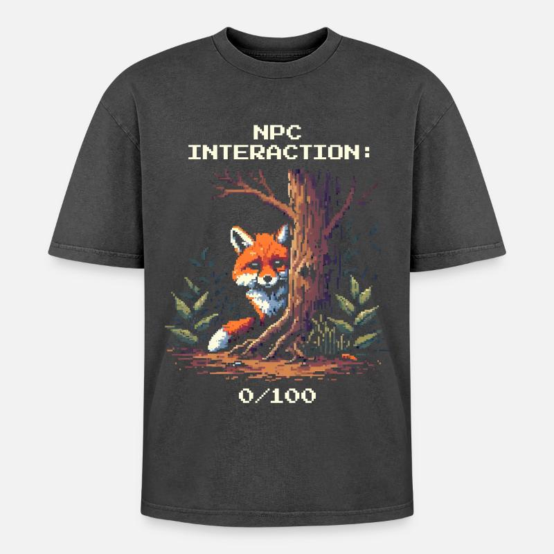 NPC-Interaktion: 0/100 | Introversion Humor - Oversized Unisex Premium Acid-Washed T-Shirt - Schwarz Acid Wash