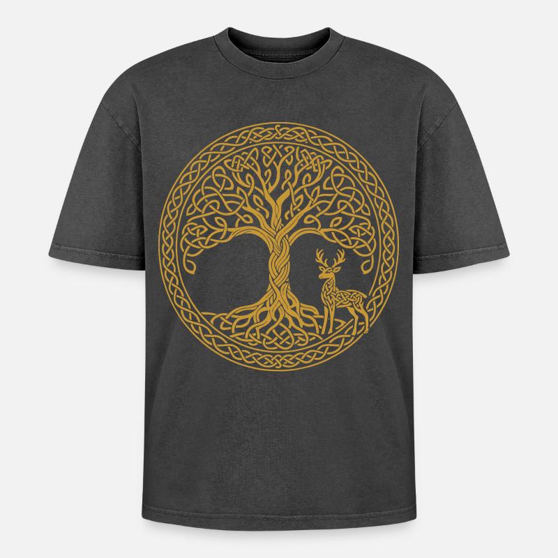 Baum Des Lebens Hirsch Symbol Achtsamkeit - Oversized Unisex Premium Acid-Washed T-Shirt - Schwarz Acid Wash