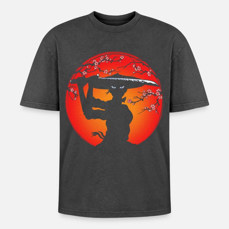 Samurai-Mädchen - Oversized Unisex Premium Acid-Washed T-Shirt - Schwarz Acid Wash