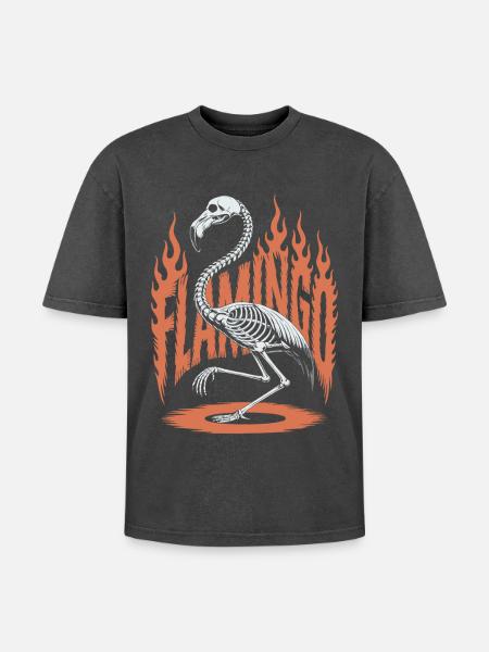 Flamingo Flames Skeleton Halloween - Oversized Unisex Premium Acid-Washed T-Shirt - acid washed black