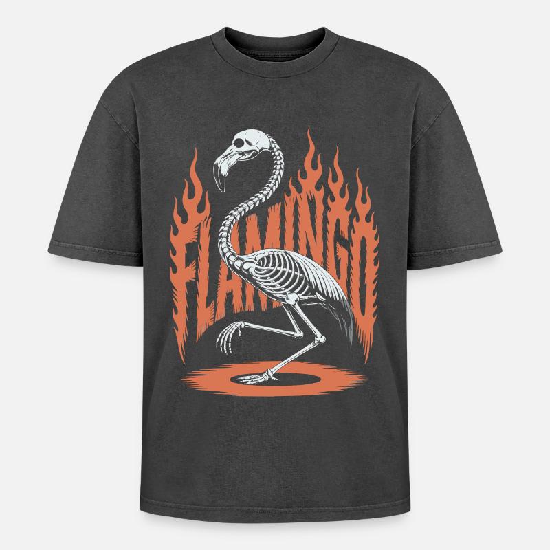 Flamingo Flames Skeleton Halloween - Oversized Unisex Premium Acid-Washed T-Shirt - acid washed black
