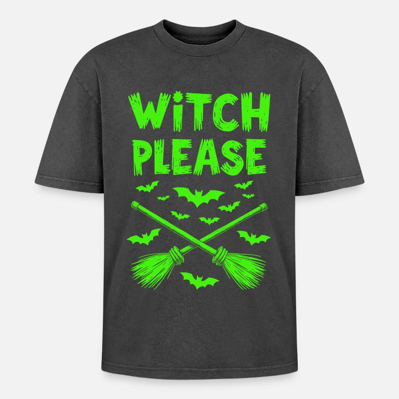 Witch Please – Halloween Witch Broom - Oversized Unisex Premium Acid-Washed T-Shirt - acid washed black