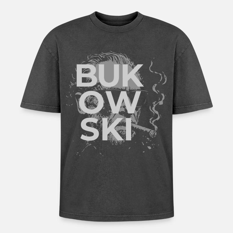 Charles Bukowski raucht ein Zigarrenporträt - Oversized Unisex Premium Acid-Washed T-Shirt - Schwarz Acid Wash