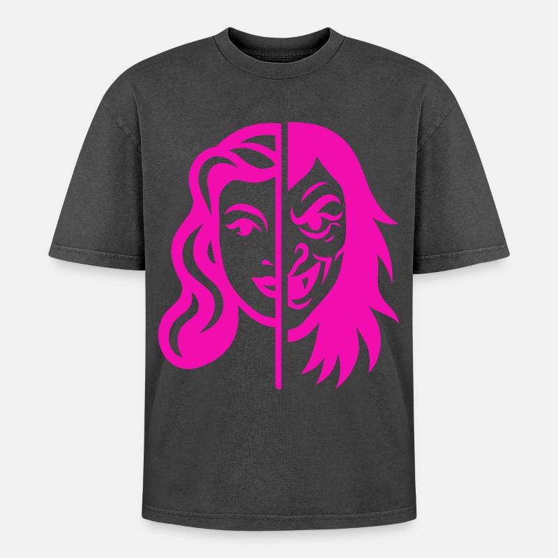 Split Face Contrast - Oversized Unisex Premium Acid-Washed T-Shirt - acid washed black