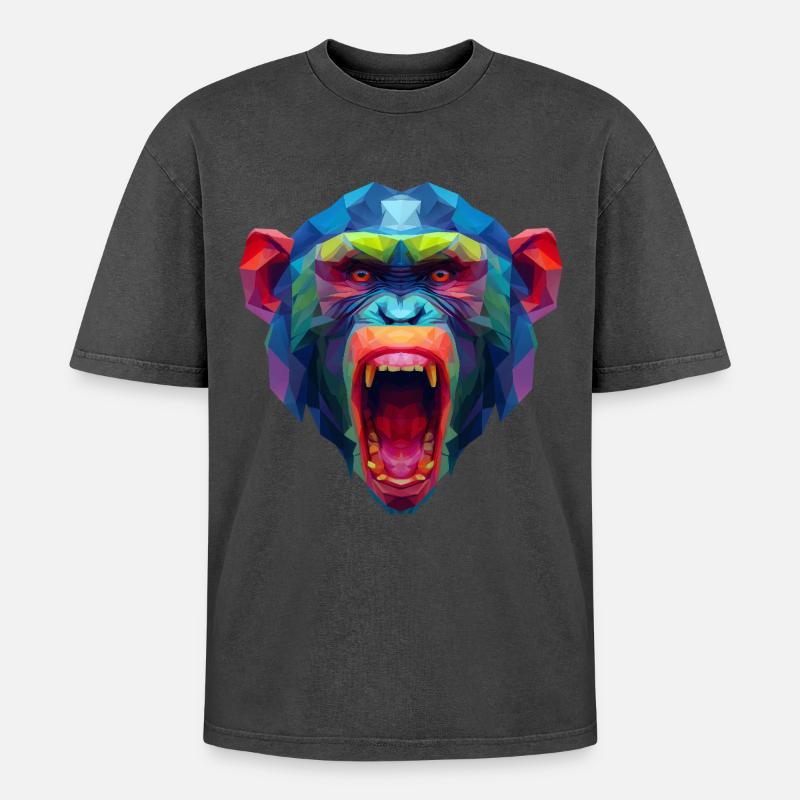 Bunter Polygonaffen Kopf - Oversized Unisex Premium Acid-Washed T-Shirt - Schwarz Acid Wash