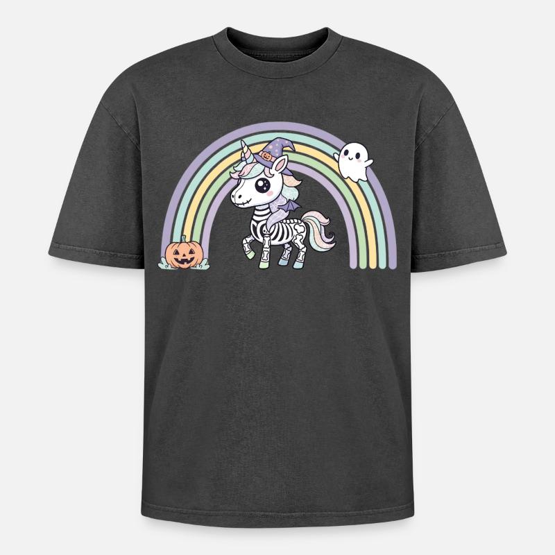 BOHO Skelett‑Einhorn mit Regenbogen – Halloween  - Oversized Unisex Premium Acid-Washed T-Shirt - Schwarz Acid Wash