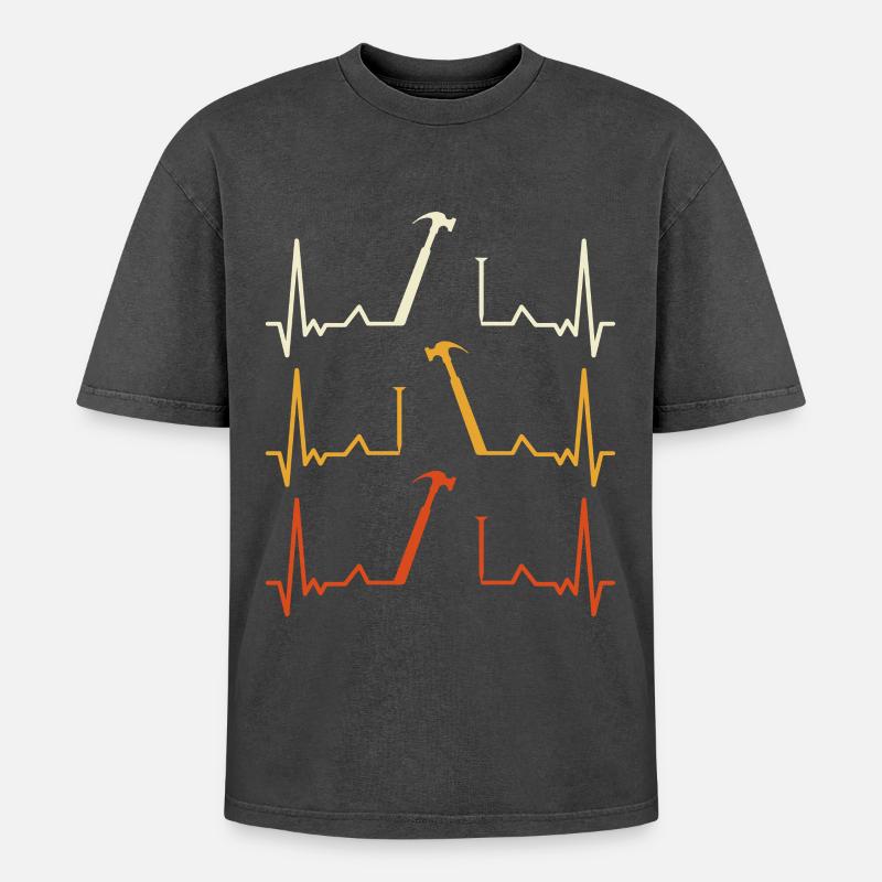 Heartbeat Hammer Pattern - Oversized Unisex Premium Acid-Washed T-Shirt - acid washed black