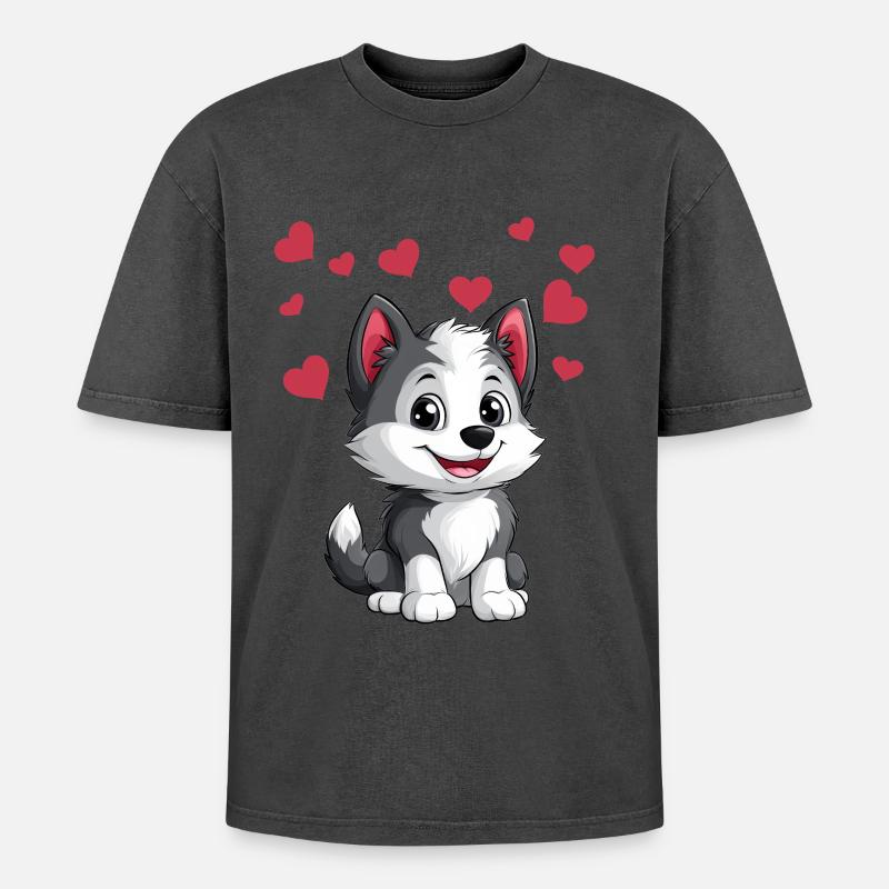 Herziger Husky mit Herzchen - Oversized Unisex Premium Acid-Washed T-Shirt - Schwarz Acid Wash