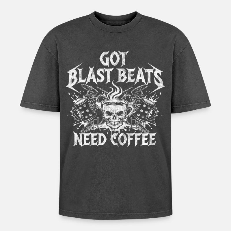 Coffee meets blast beats - Oversized Unisex Premium Acid-Washed T-Shirt - acid washed black