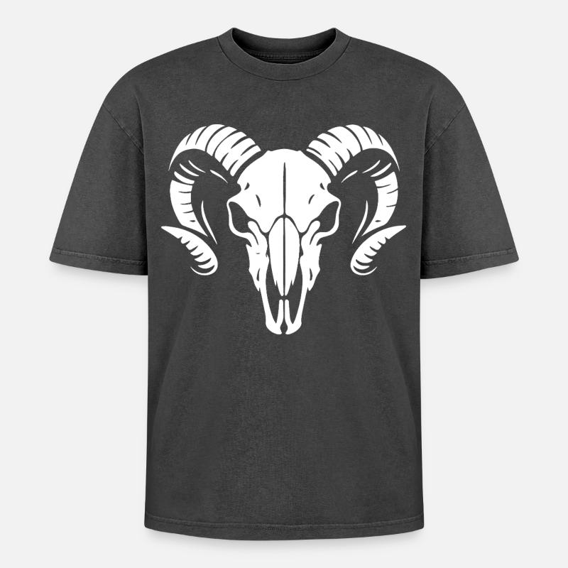 Widderkopf Schädel mit Hörnern - Rammbock - Oversized Unisex Premium Acid-Washed T-Shirt - Schwarz Acid Wash