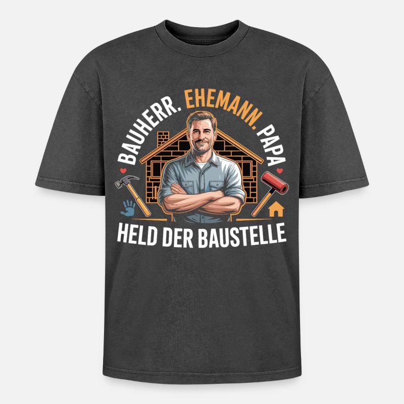 Held der Baustelle – Papa, Ehemann & Bauherr - Oversized Unisex Premium Acid-Washed T-Shirt - Schwarz Acid Wash