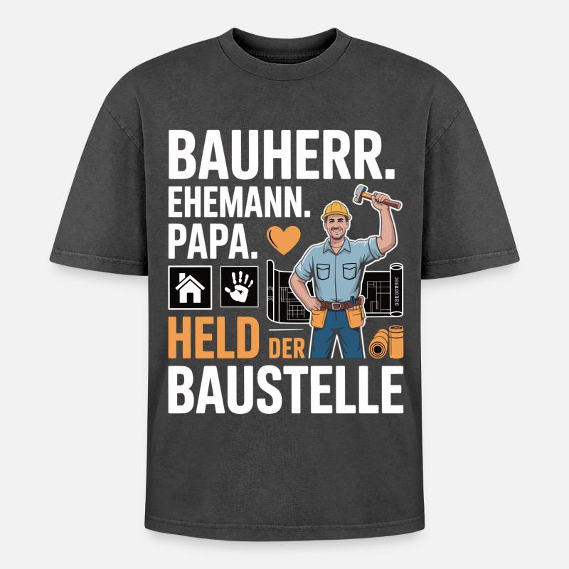 Held der Baustelle – Papa, Ehemann & Bauherr - Oversized Unisex Premium Acid-Washed T-Shirt - Schwarz Acid Wash