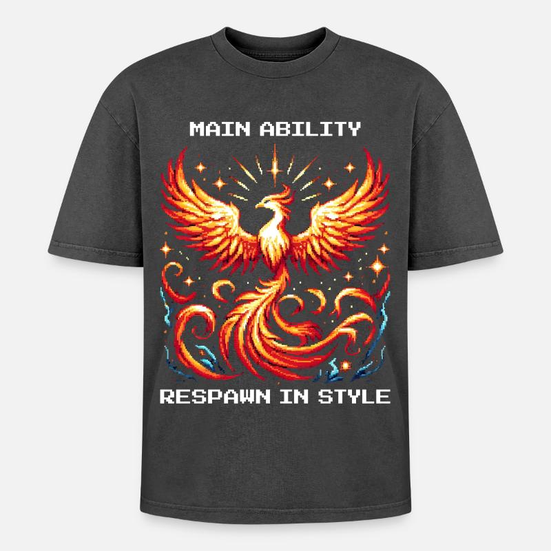 Hauptfähigkeit: Respawn mit Stil | Phönix - Oversized Unisex Premium Acid-Washed T-Shirt - Schwarz Acid Wash