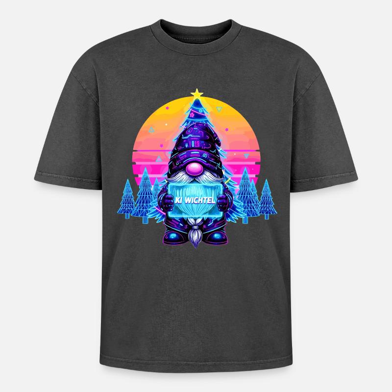 KI WICHTEL - Synthwave Retrowave 80s - Oversized Unisex Premium Acid-Washed T-Shirt - Schwarz Acid Wash