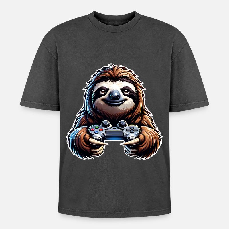 Gaming Sloth Controller - Oversized Unisex Premium Acid-Washed T-Shirt - acid washed black