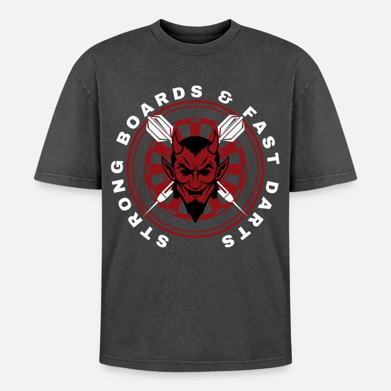 Darts, bullseye, dartboard and devil. - Oversized Unisex Premium Acid-Washed T-Shirt - acid washed black