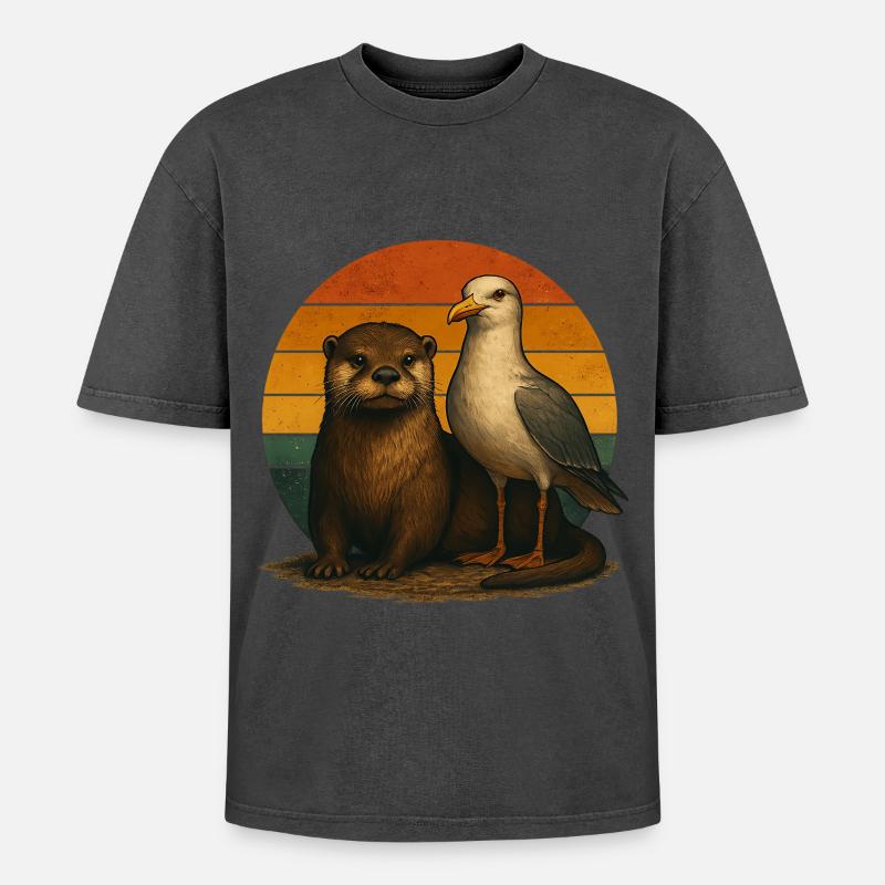 Otter Möwe Retro Tierfreunde - Oversized Unisex Premium Acid-Washed T-Shirt - Schwarz Acid Wash
