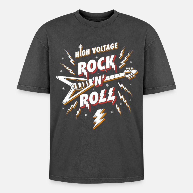 Hochspannungs-Rock'n'Roll-Gitarre - Oversized Unisex Premium Acid-Washed T-Shirt - Schwarz Acid Wash