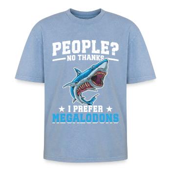 Megalodon-Forschungsteam Megalodon-Hai-Liebhaber - Oversized Unisex Premium Acid-Washed T-Shirt - Blau Acid Wash - Vorne - AI Model Female 172 dark (172cm) & AI Model Male 185 dark (185cm)