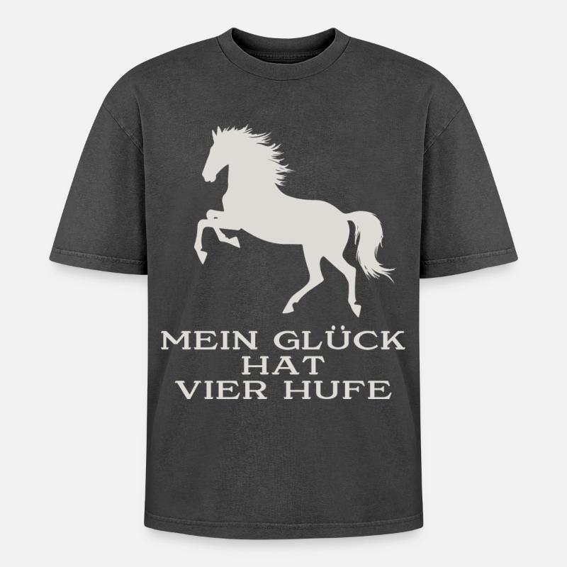 Mein Glück hat vier Hufe - Oversized Unisex Premium Acid-Washed T-Shirt - Schwarz Acid Wash