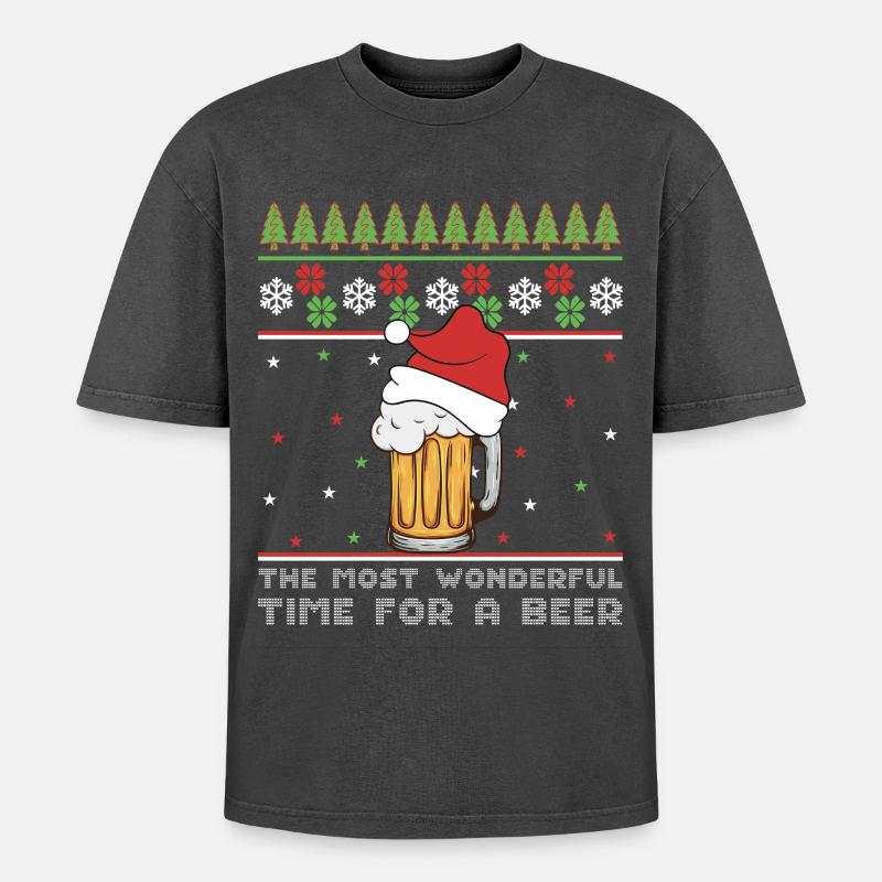Weihnachtsbier Hässlicher Pullover Weihnachtsalkohol Hässlicher Aperitif - Oversized Unisex Premium Acid-Washed T-Shirt - Schwarz Acid Wash