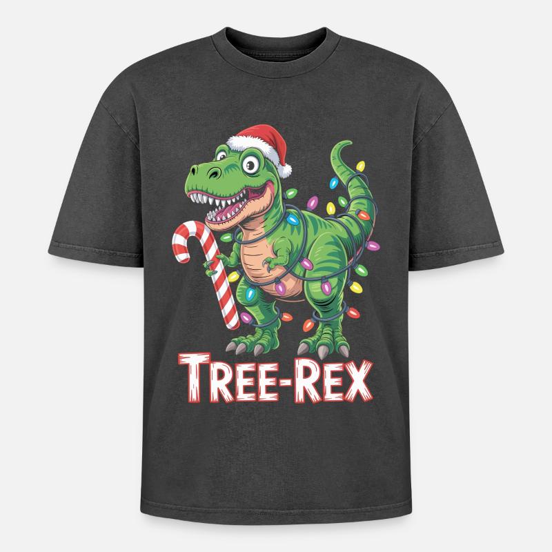 Tree-Rex – T-Rex mit Zuckerstange & Lichtern - Oversized Unisex Premium Acid-Washed T-Shirt - Schwarz Acid Wash