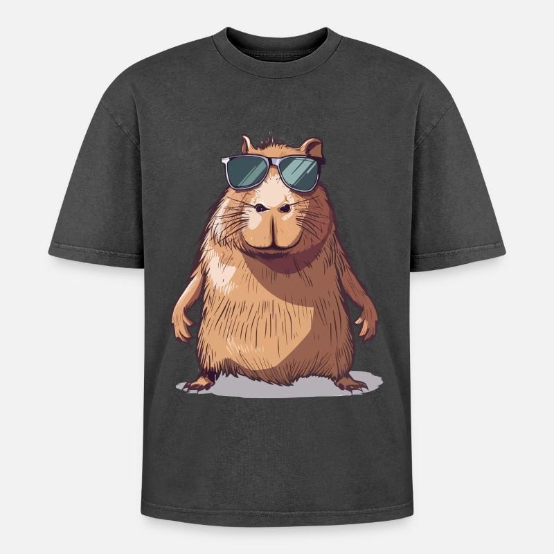 Lässiges Capybara mit Sonnenbrille Comic - Oversized Unisex Premium Acid-Washed T-Shirt - Schwarz Acid Wash