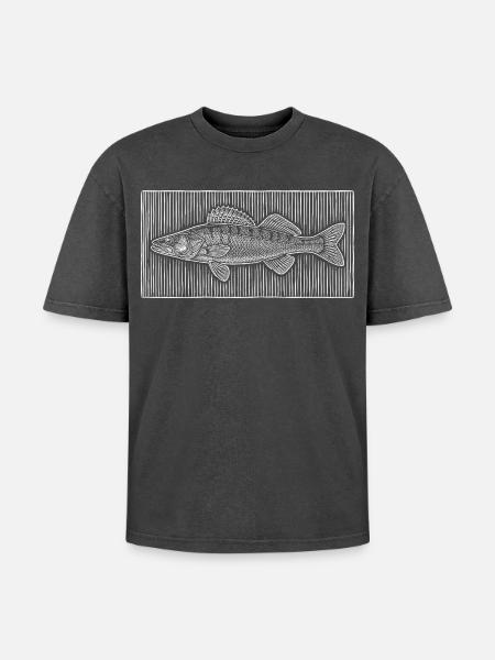 Line-Art – Edles Angler & Fischer Design - Oversized Unisex Premium Acid-Washed T-Shirt - Schwarz Acid Wash
