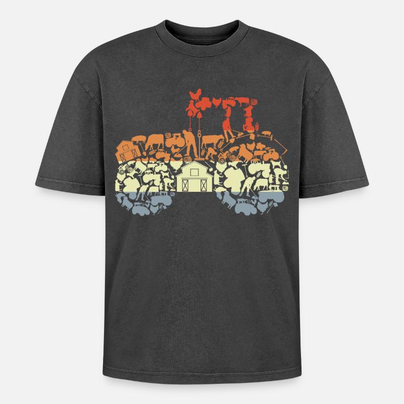 Retro Traktor Silhouette - Oversized Unisex Premium Acid-Washed T-Shirt - Schwarz Acid Wash