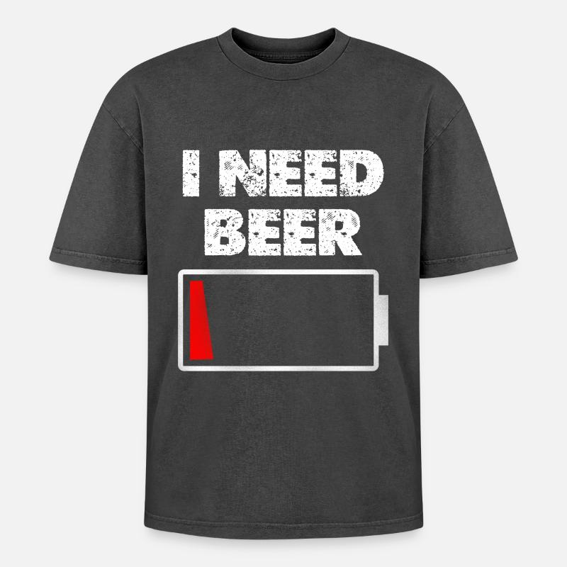 I Need Beer – Battery empty - Oversized Unisex Premium Acid-Washed T-Shirt - acid washed black