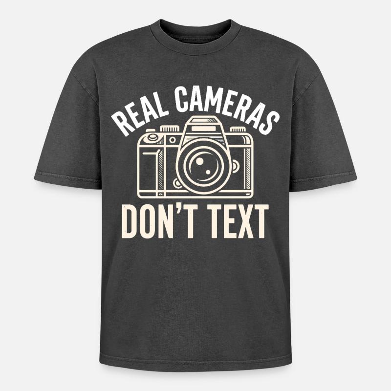 Real Cameras Don't Text Statement - Oversized Unisex Premium Acid-Washed T-Shirt - acid washed black
