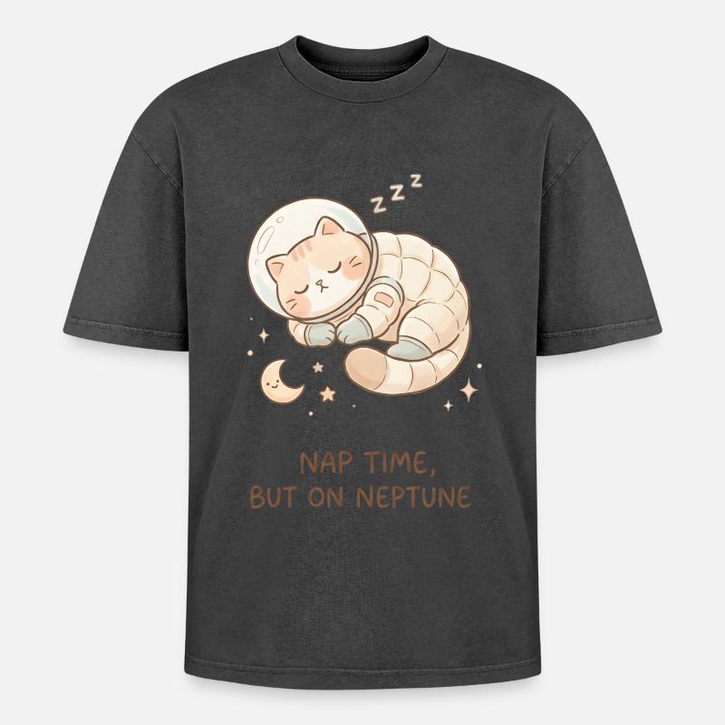 Nap Neptune | Cute Space Cat - Oversized Unisex Premium Acid-Washed T-Shirt - acid washed black