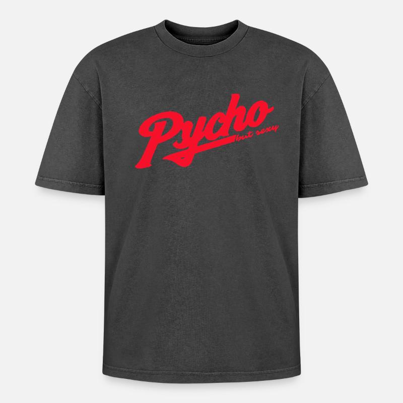 Psycho Retro Script Logo - Oversized Unisex Premium Acid-Washed T-Shirt - Schwarz Acid Wash
