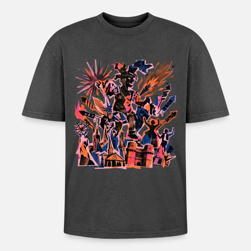 Fallas De Valencia Risographie - Oversized Unisex Premium Acid-Washed T-Shirt - Schwarz Acid Wash