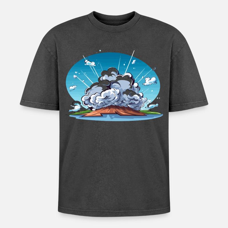 Comic Explosion im Landschaftspanorama - Oversized Unisex Premium Acid-Washed T-Shirt - Schwarz Acid Wash
