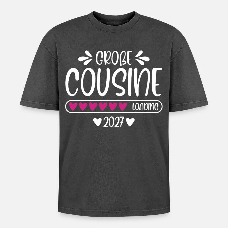 Große Cousine 2027 loading Herzchen Ladebalken - Oversized Unisex Premium Acid-Washed T-Shirt - Schwarz Acid Wash