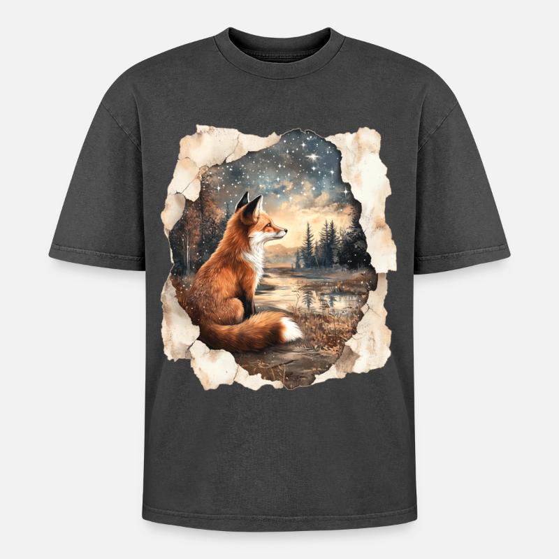 Fuchs Sterne - Oversized Unisex Premium Acid-Washed T-Shirt - Schwarz Acid Wash