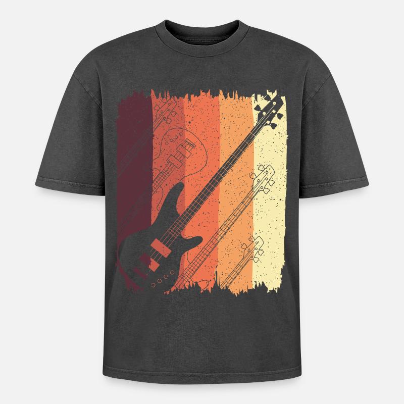 Retro Guitar Sunset Stripes - Oversized Unisex Premium Acid-Washed T-Shirt - acid washed black