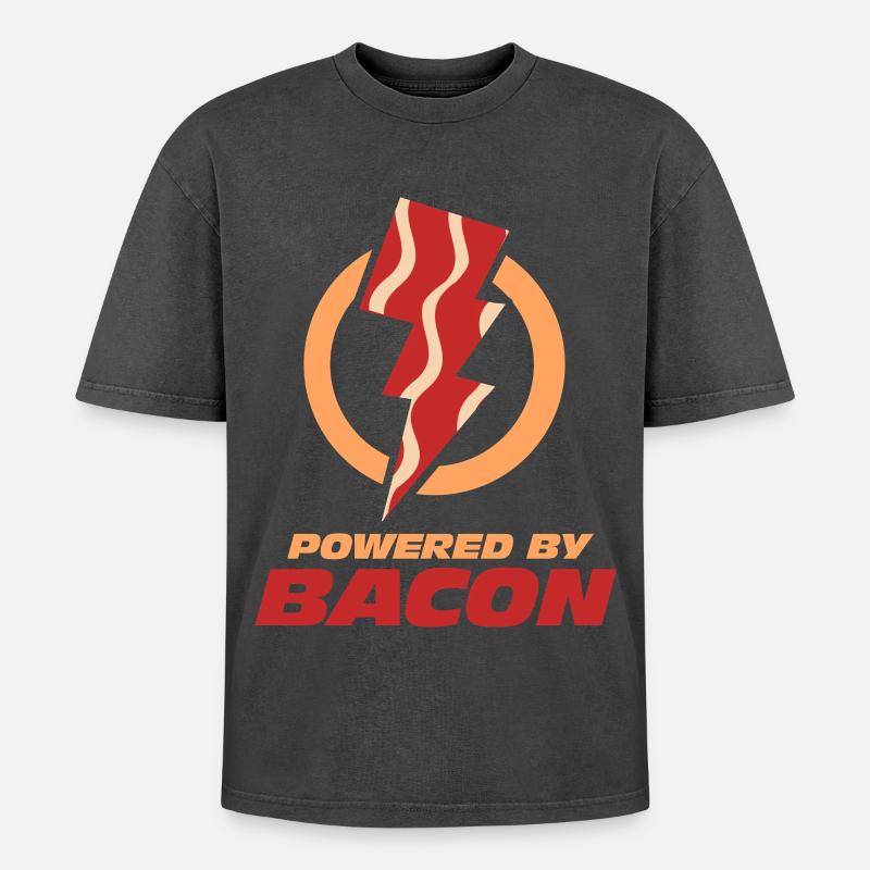 Powered By Bacon Lightning Bolt - Oversized Unisex Premium Acid-Washed T-Shirt - acid washed black