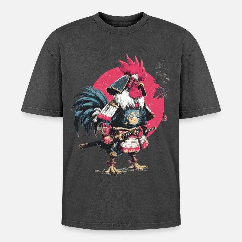 Hahn-Samurai-Rüstung - Oversized Unisex Premium Acid-Washed T-Shirt - Schwarz Acid Wash