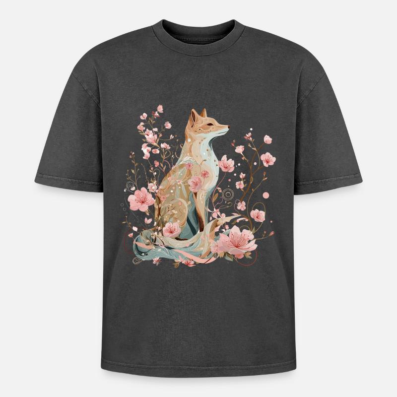 Blossom Fox - Spring in Harmony - Oversized Unisex Premium Acid-Washed T-Shirt - acid washed black