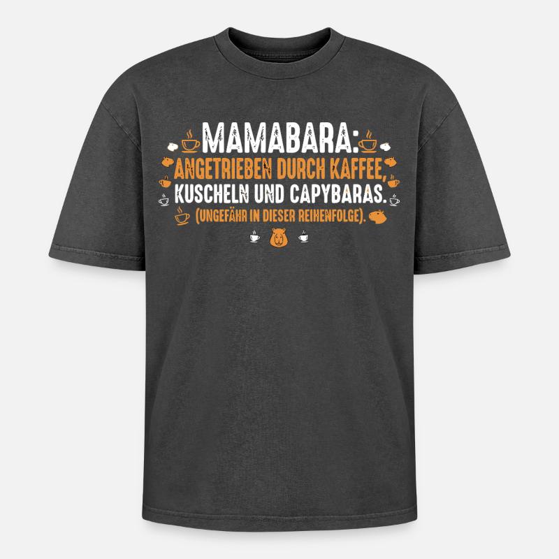 Mamabara Capybara Kaffee Mama - Oversized Unisex Premium Acid-Washed T-Shirt - Schwarz Acid Wash