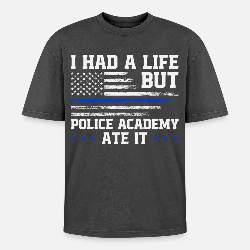 Polizeischule Überlebende Abschluss Polizeiakademie - Oversized Unisex Premium Acid-Washed T-Shirt - Schwarz Acid Wash